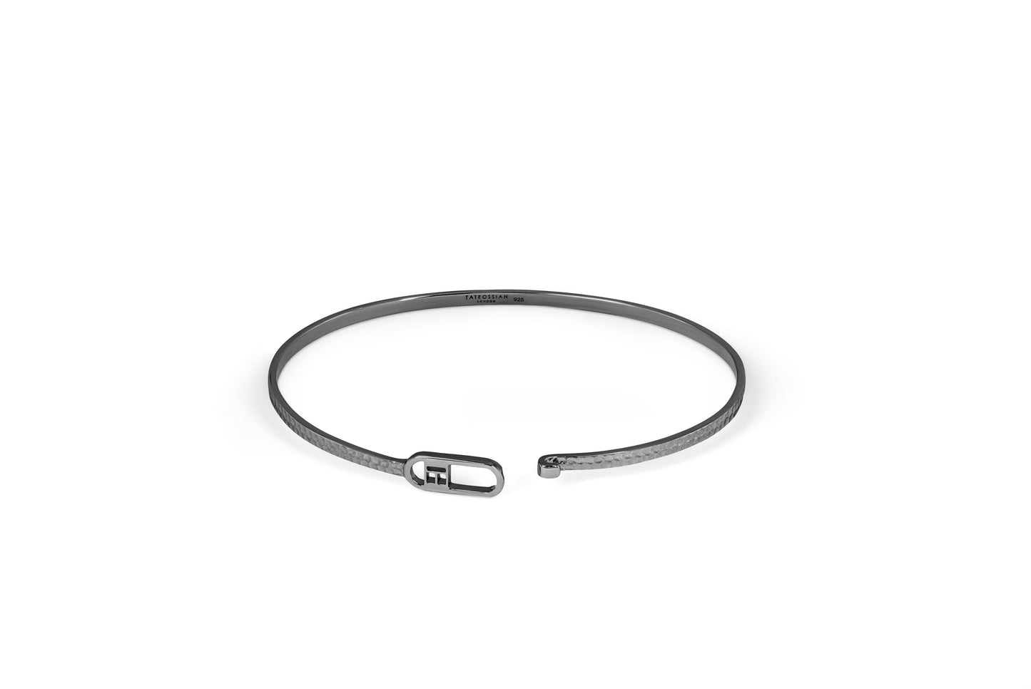 Tateossian T Bangle in Hammered Finish with Black Rhodium Plated Sterling Silver (S Size)