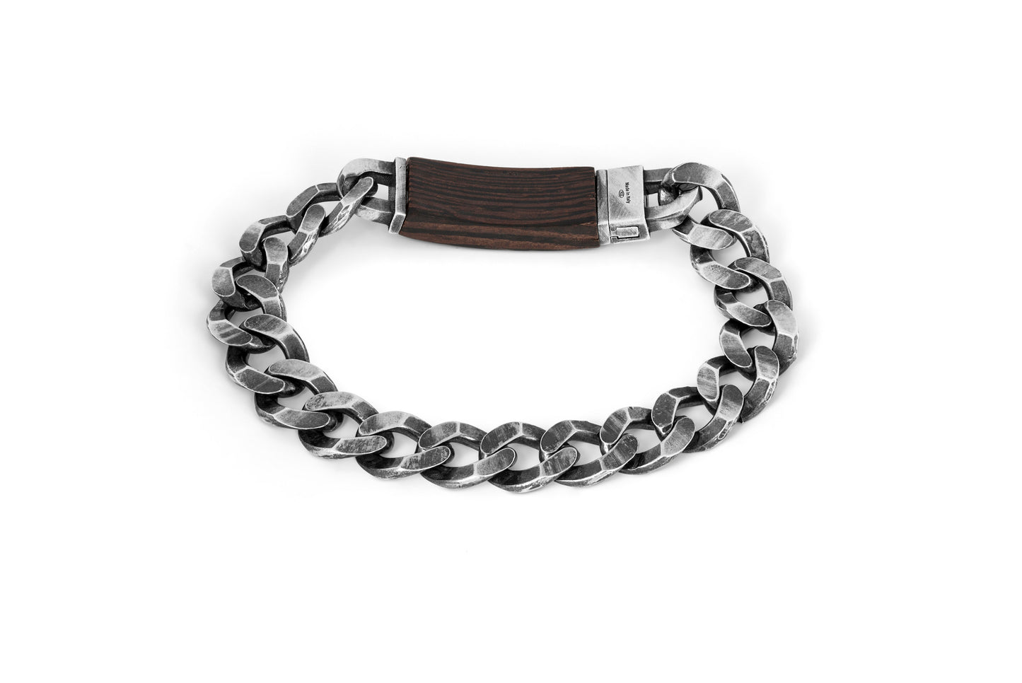 Tateossian Madera Grumette Sterling Silver Bracelet with Wood ID Clasp (M Size)