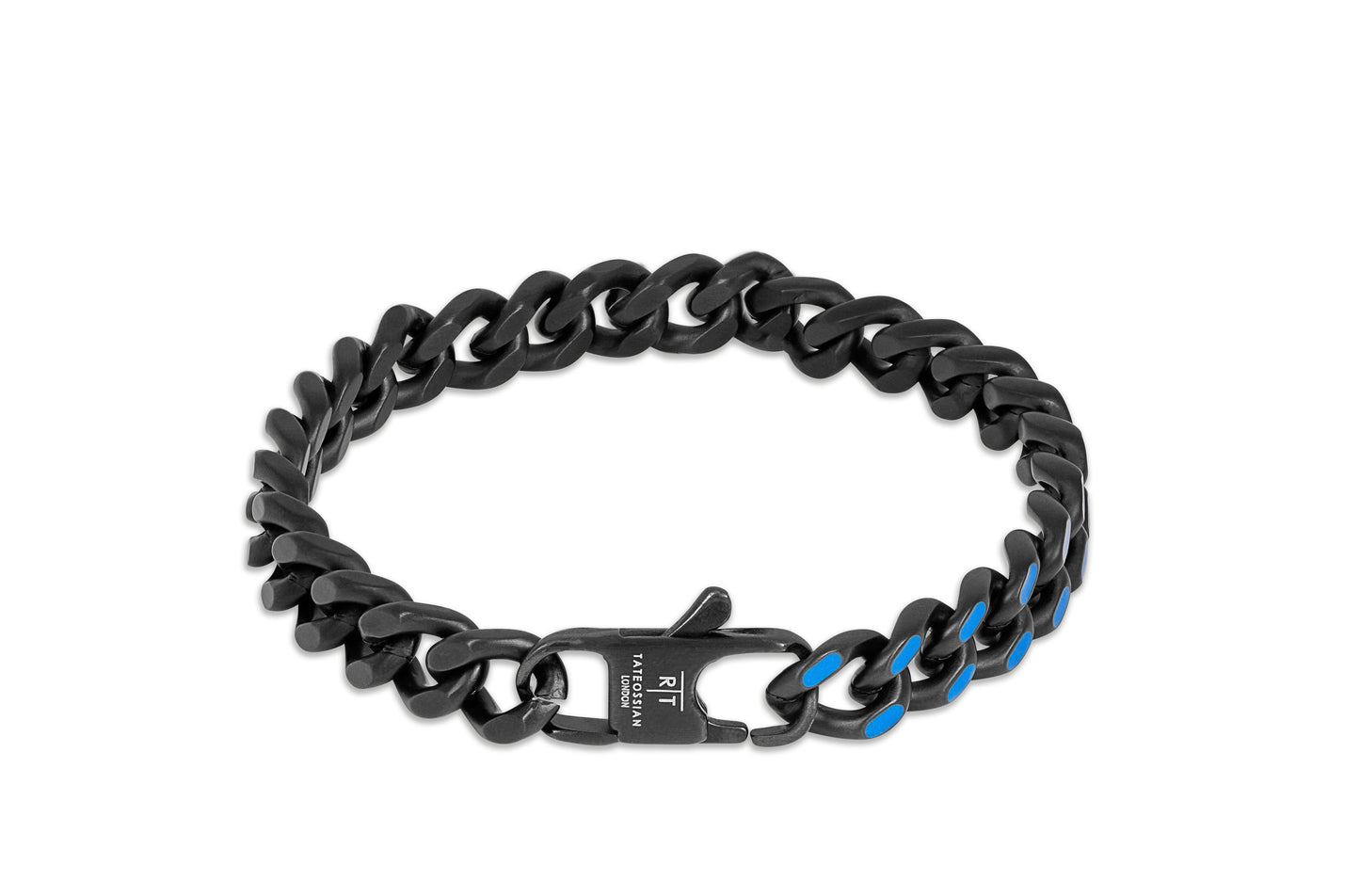 Tateossian Meccanico Bracelet in Black Plated Stainless Steel with Blue Enamel (S Size)