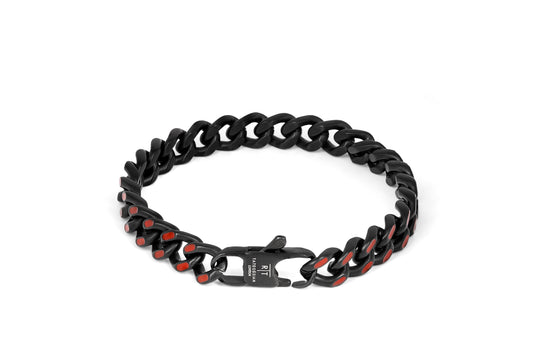 Tateossian Meccanico Bracelet in Black Plated Stainless Steel with Red Enamel (S Size)