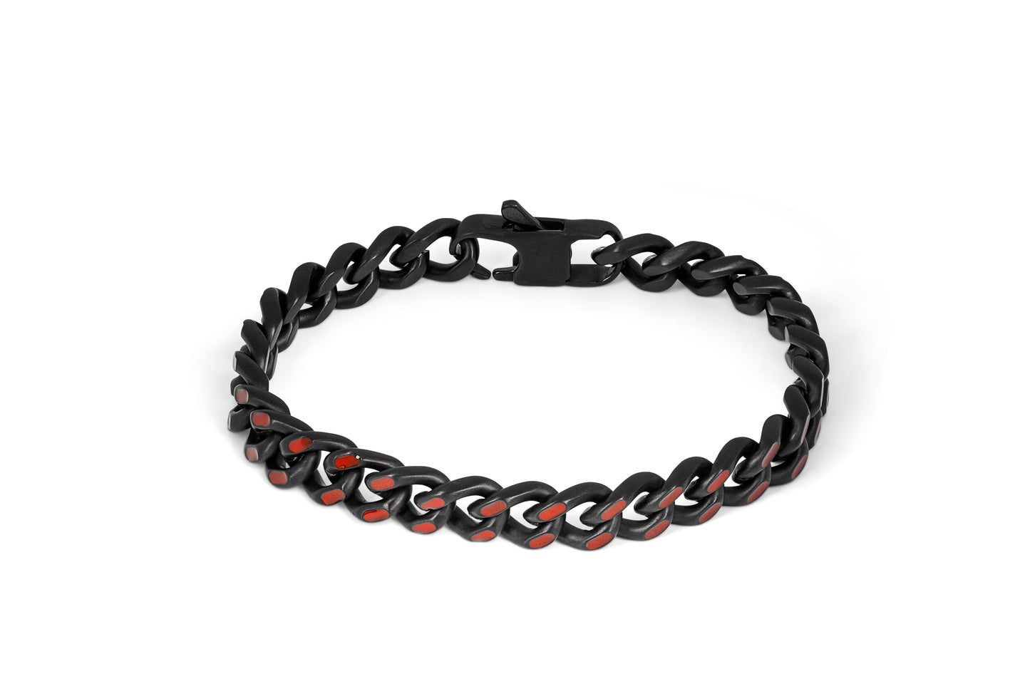 Tateossian Meccanico Bracelet in Black Plated Stainless Steel with Red Enamel (L Size)