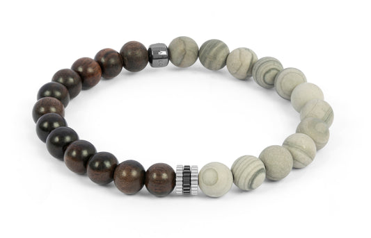 Tateossian Gear Trio Semi-Precious Bracelet in Ebony Wood and Grey Wood Jasper (L Size)