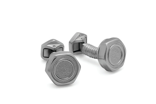 Tateossian Hex Nut and Bold Silver Cufflinks in Black Rhodium