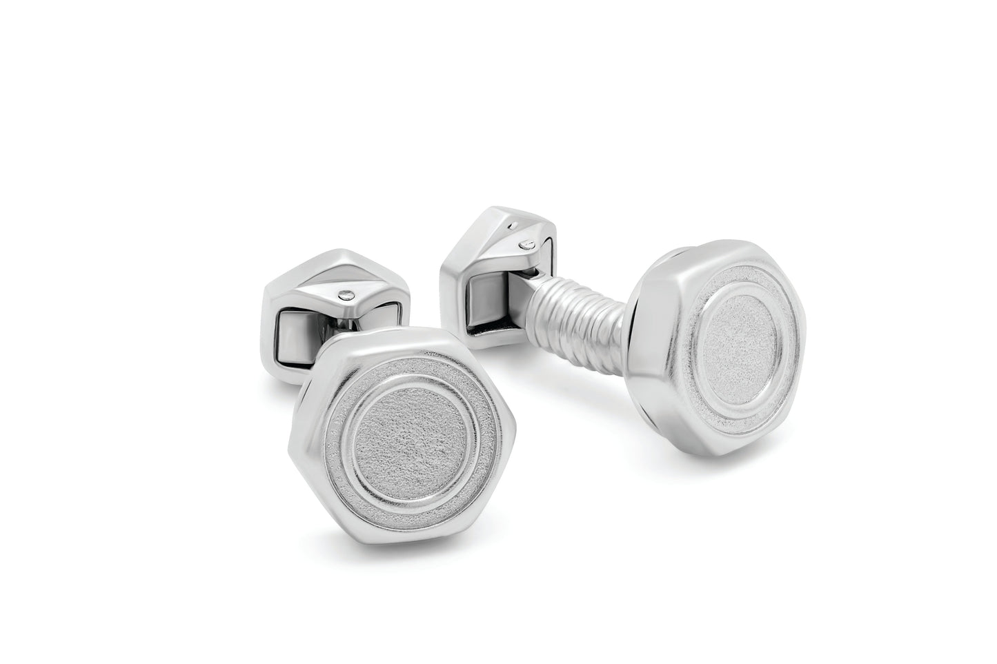 Tateossian Hex Nut and Bold Silver Cufflinks in Rhodium