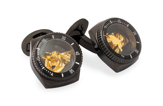 Tateossian Rollo Gold Leaf Cufflinks in Black IP Steel