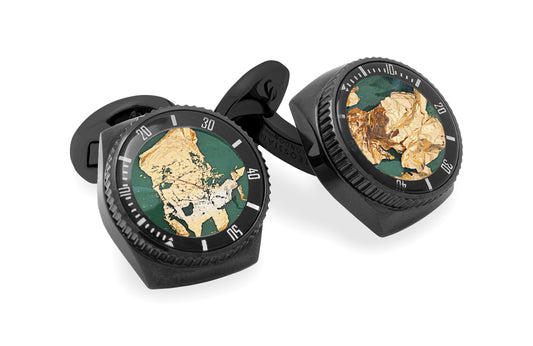 Tateossian Rollo Gold Leaf cufflinks with green enamel in black IP steel