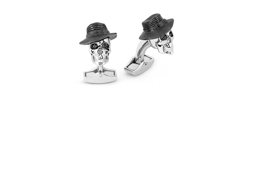 Tateossian Gangster Skull cufflinks with rhodium and gunmetal finish