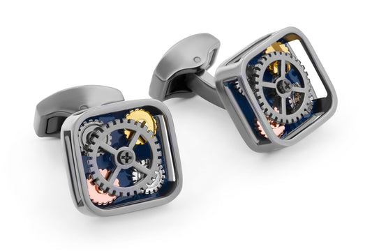 Tateossian Pop Gears cufflinks with navy enamel in gunmetal