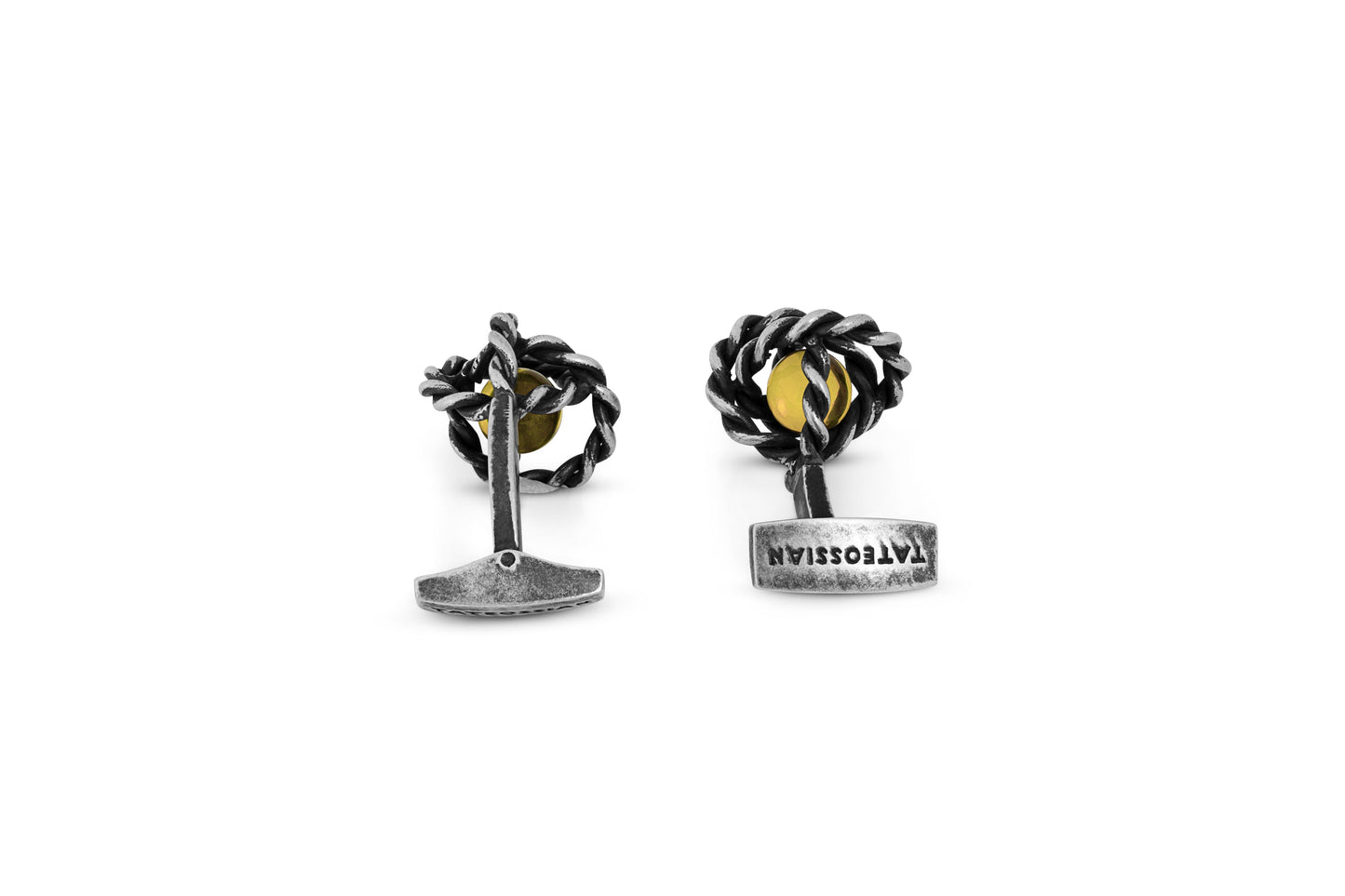 Tateossian Gyroscope Glass Cufflinks in Antique Silver & Yellow Glass