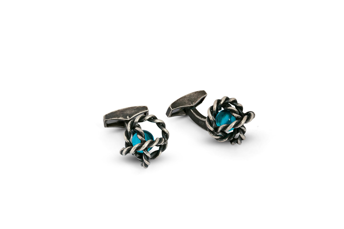 Tateossian Gyroscope Glass Cufflinks in Antique Silver & Blue Glass