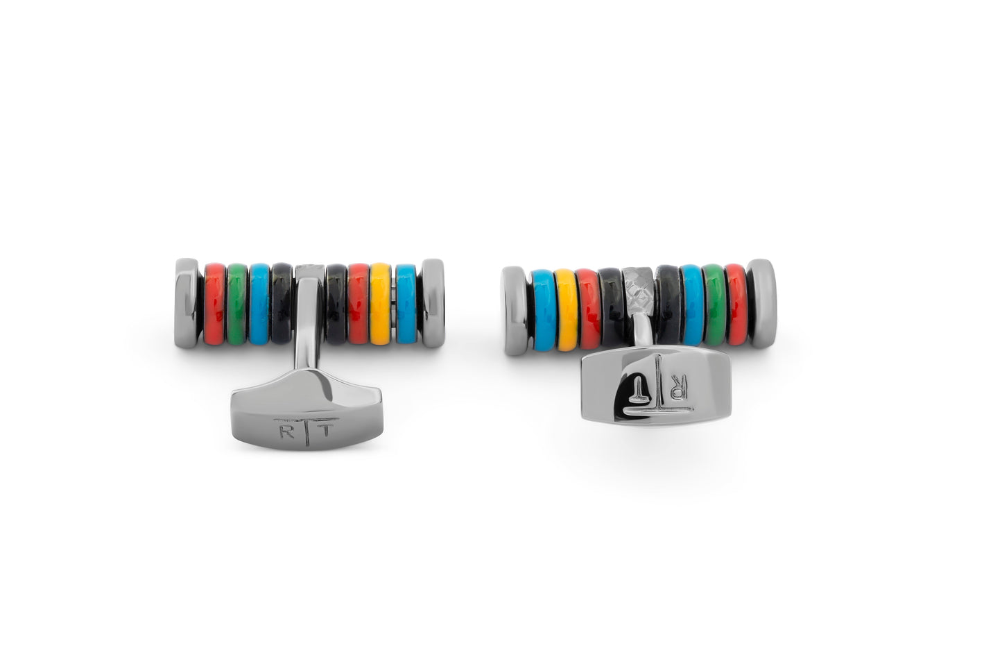 Tateossian Tokyo Rings Cylinder cufflinks with multicolour enamel and palladium finish