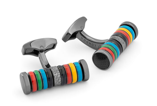 Tateossian Tokyo Rings Cylinder cufflinks with multicolour enamel and palladium finish