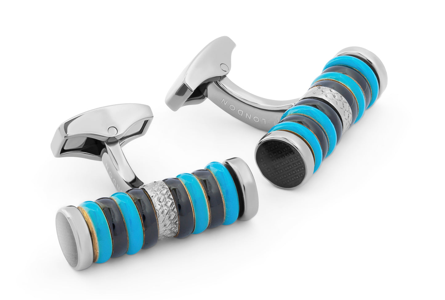 Tateossian Tokyo Rings Cylinder cufflinks with blue enamel and gunmetal finish