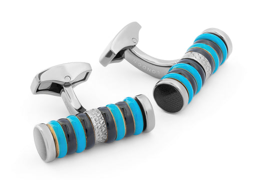 Tateossian Tokyo Rings Cylinder cufflinks with blue enamel and gunmetal finish