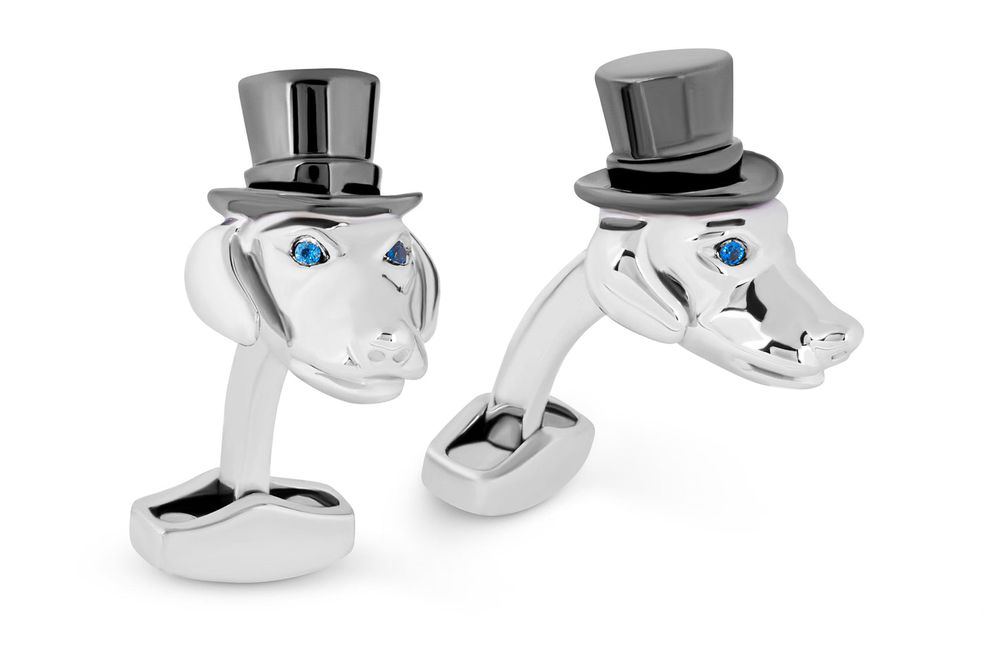 Tateossian Rhodium Plated Ascot Daschund Cufflinks with Blue Swarovski Elements 