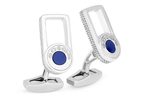 Tateossian Signature Lock cufflinks with blue lapis in rhodium plated silver