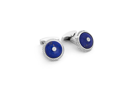 Tateossian Signature Chrysanthemum dome cufflinks with lapis in sterling silver