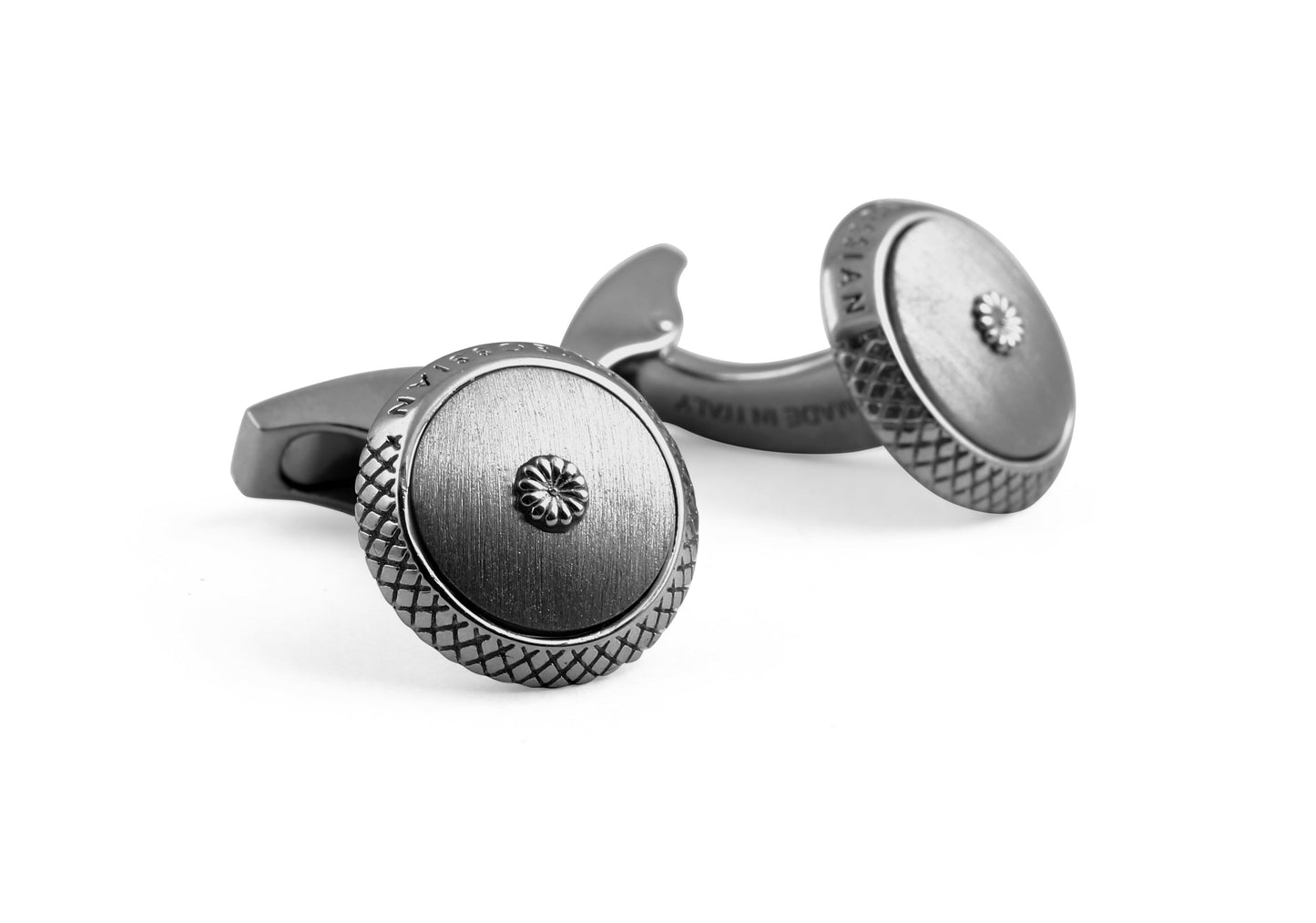 Tateossian Signature Satin Chrysanthemum Silver Cufflinks - Ruthenium Plated