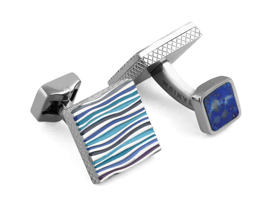 Tateossian Blue Titanium Silver Wave Patterns Graphic Onda Cufflinks