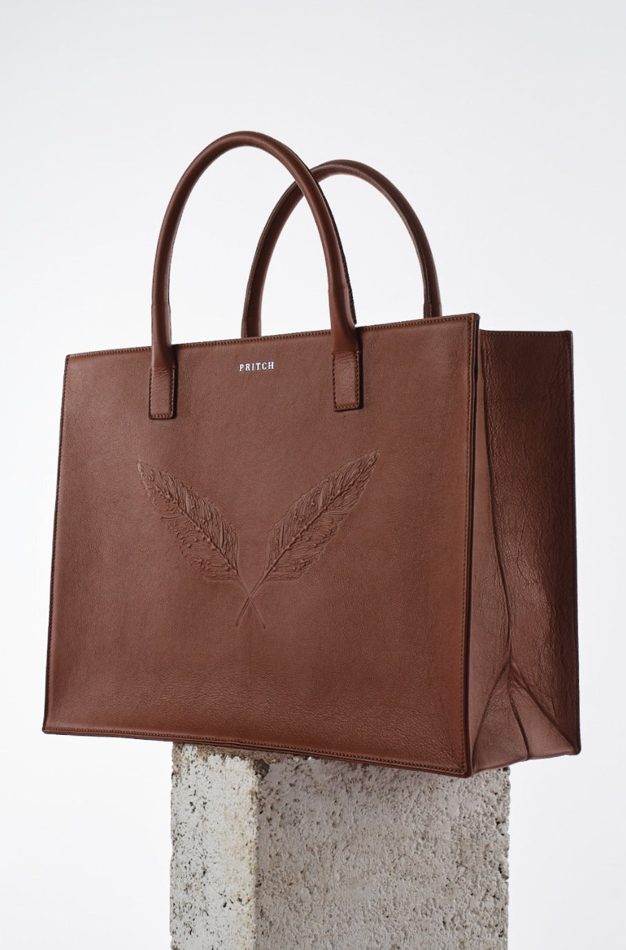 PRITCH - PIERCED Feather Leather Tote Bag Cognac Brown